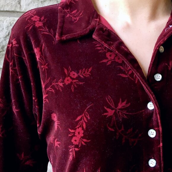 Vintage L.L. Bean - Burgundy Velvet Floral Button Down Dress - Picture 2 of 6